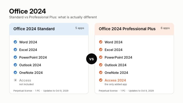 Office 2024 Standard vs Professional Plus comparison: both include Word, Excel, PowerPoint, Outlook and OneNote; Professional Plus adds Access